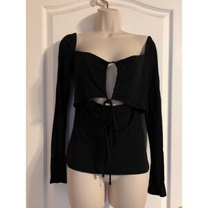 NWOT FRAME Noir Black Viscose Cutout Tie Front Long Sleeve Top Size M